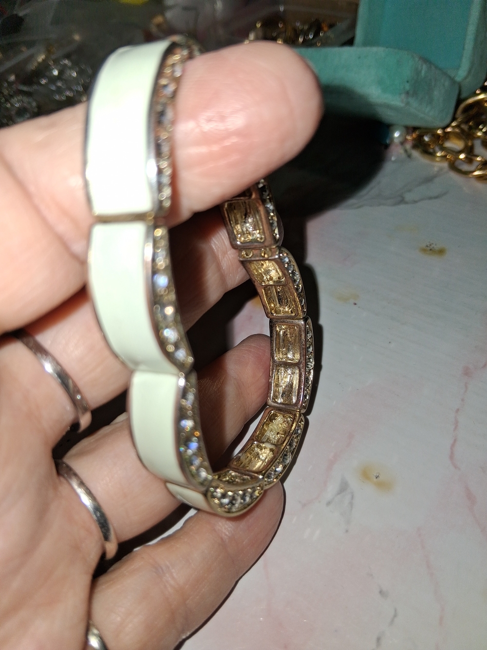 Vintage Rare Elegant Cream Enamel and Gold-Accent Bangle Bracelet